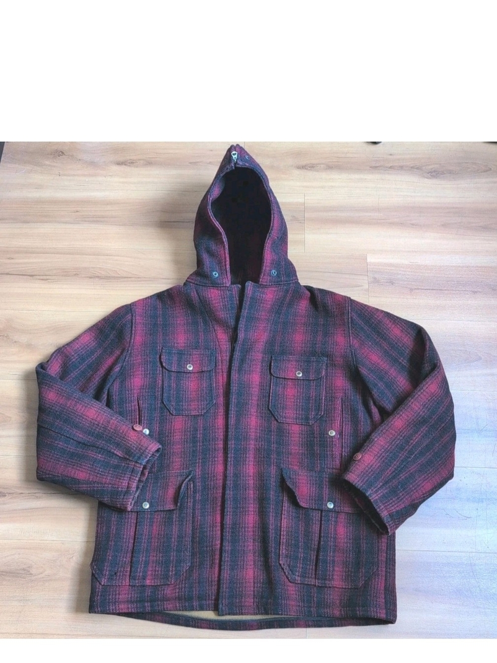 Vintage Woolrich Mackinaw Jacket Mens 46 Wool Hunting Plaid Zip Up Hood 1930s